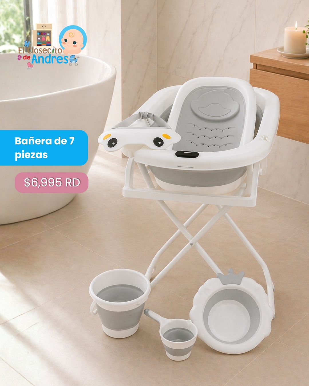 Bañera para Bebé 7 Piezas con Soporte Plegable